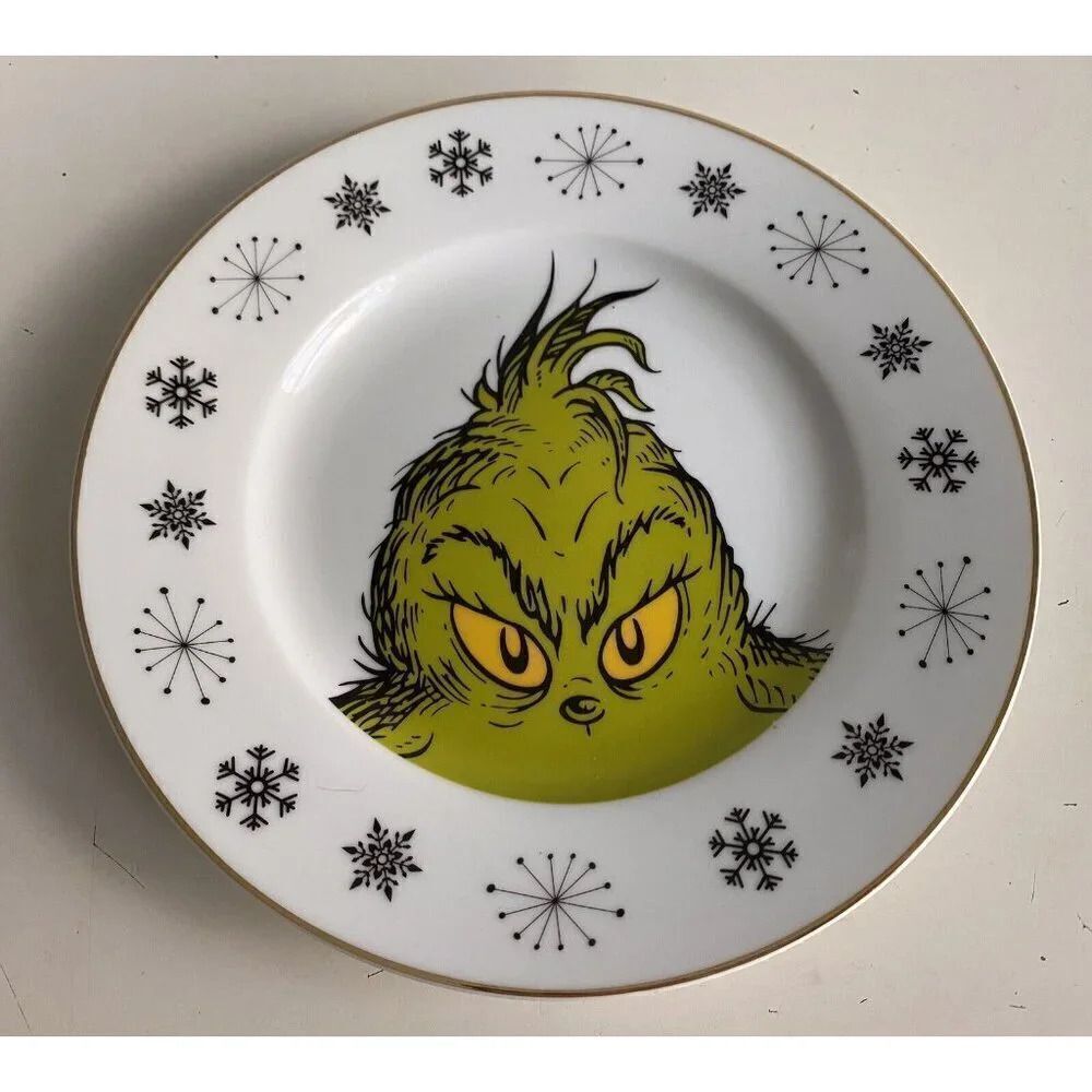 THE GRINCH Christmas 8" Salad Dessert Ceramic Plate Holiday Snowflakes NEW